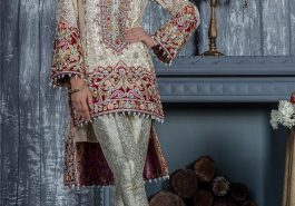 Beautiful embellished off-white Pakistani dress online by Annus Abrar