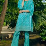 Beautiful turquoise chicken kari Pakistani party dress by Warda Saleem