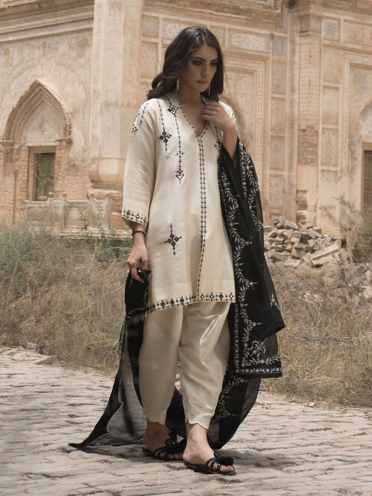 Black and off white three piece Pakistani silk dress by Misha Lakhani