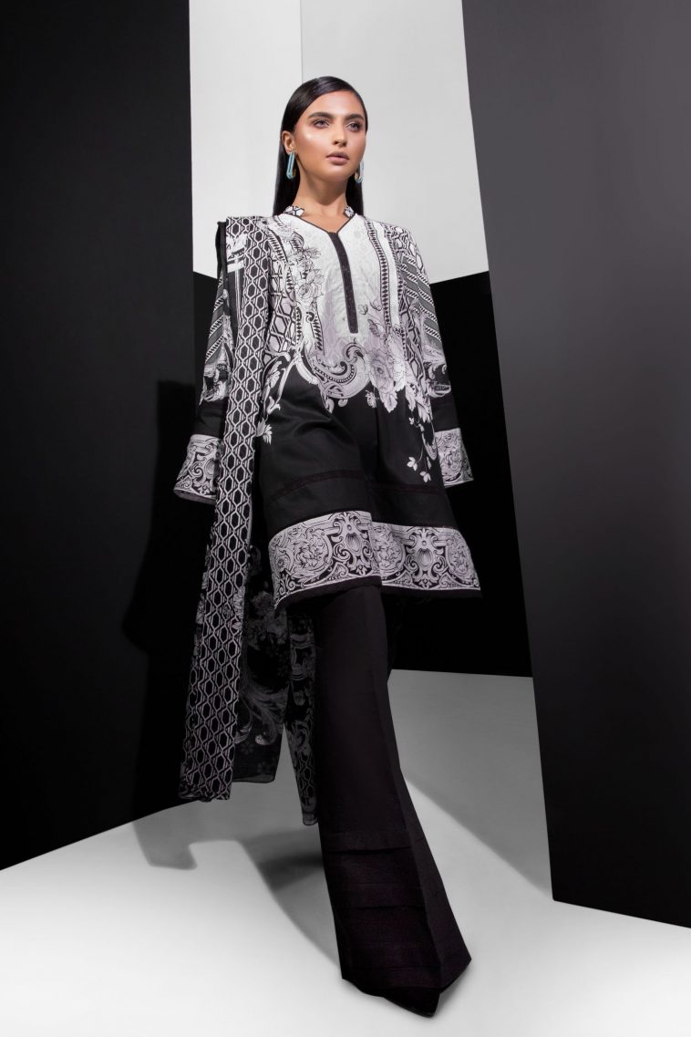 Black and white three piece unstitched Pakistani suit by Sapphire