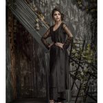 Black olive silk three piece Pakistani embroidery dress by Umsha offical