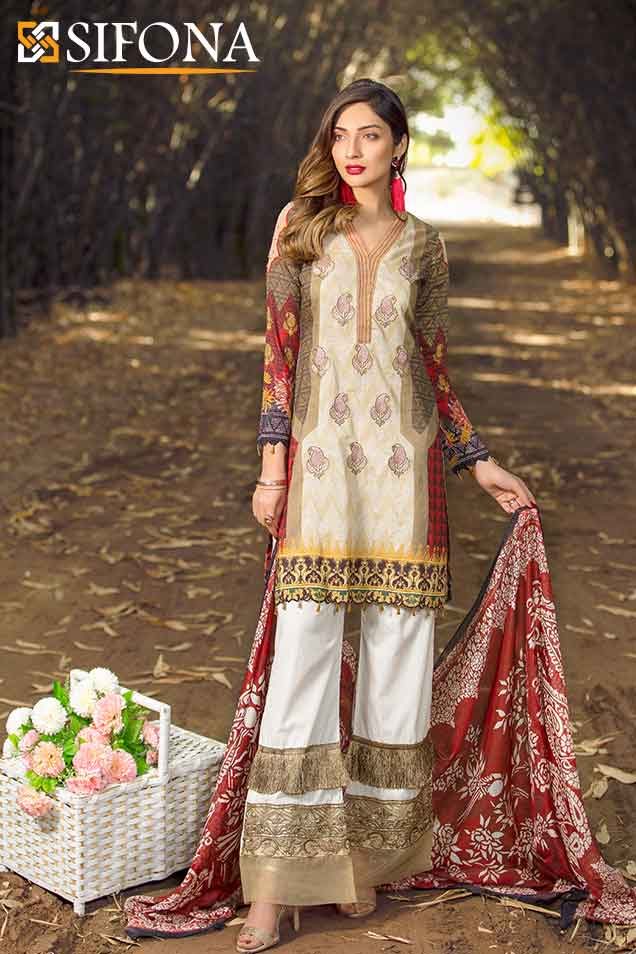 Elegant cream printed and embroidered Pakistani dress online by Sifona