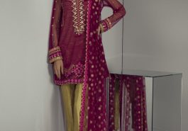 Elegant red hot Pakistani chiffon dress by Mina Hasan online