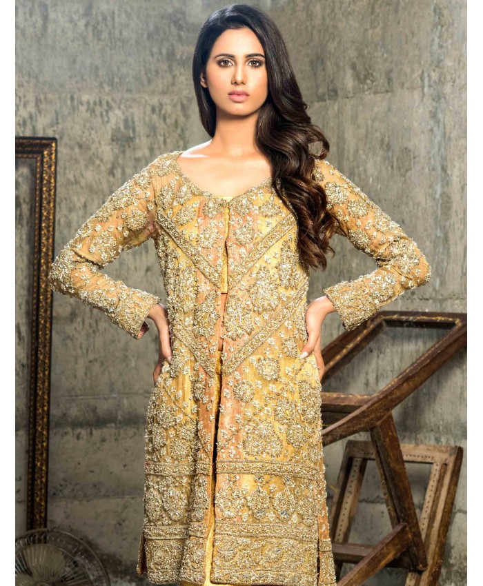 Embellished and stylish gold Pakistani dress online by Cartes by Pasho