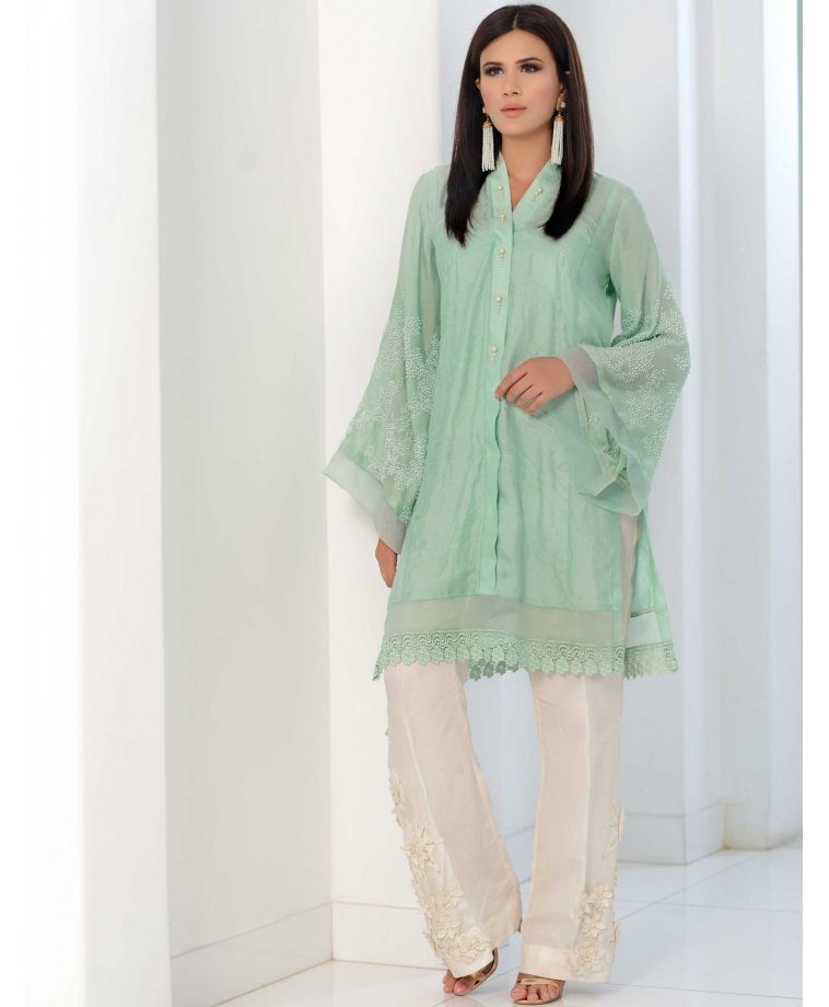 Pakistani cotton suit by Cartes by Pasho has a ravishing slushy mint shirt.