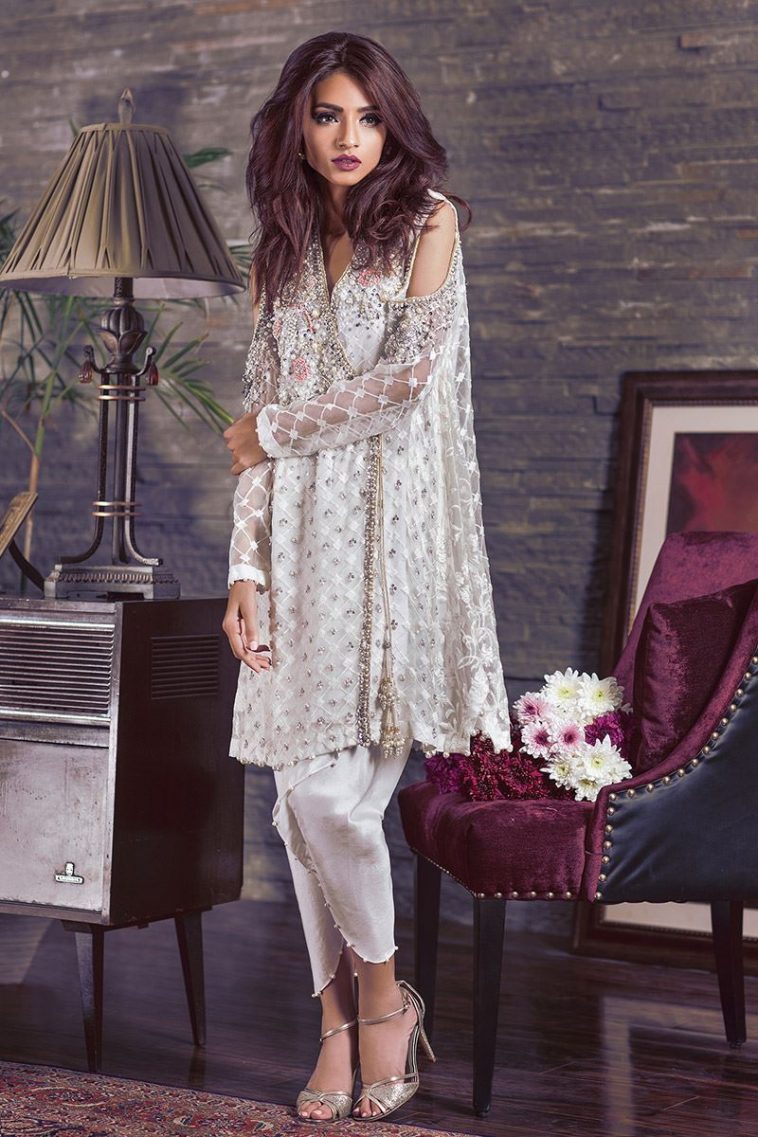Ravishing and adorned Grey Pakistani chiffon suit by Annus Abrar