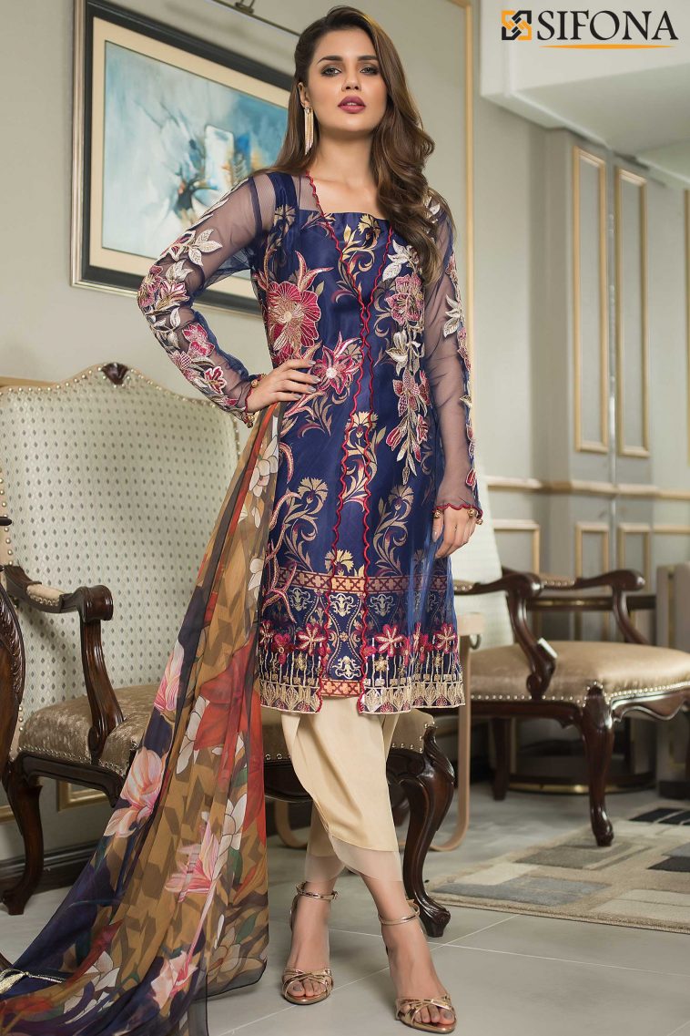 Ravishing blue net embroidered Pakistani formal dress by Sifona