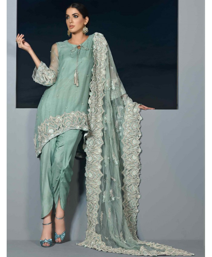 Stylish green three piece Pakistani formal dress by Cartes by Pasho