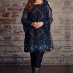 Cut Shoulder Pakistani Wedding Dress in Navy Blue Colors with Pretty Traditional Embroidery by Phatyma Khan