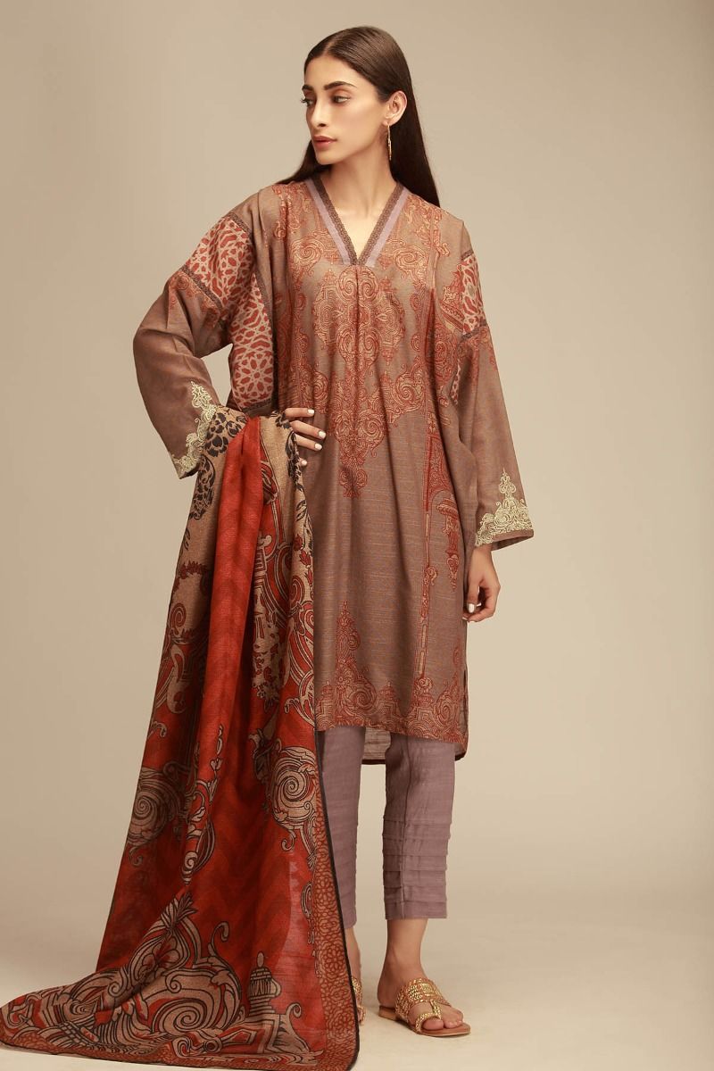 Digital Printed Khaadi Kurta with Embroidered Sleeves, Dupatta and Trouser