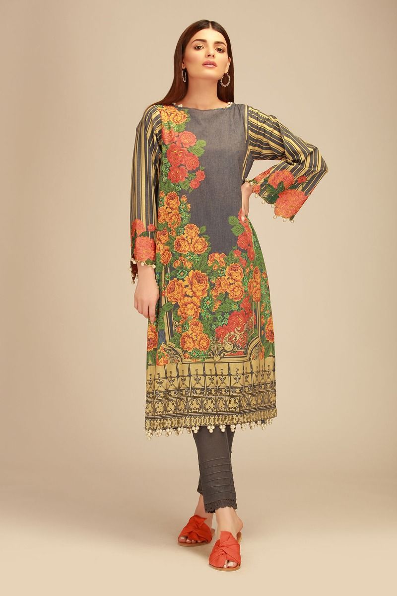 Khaadi Winter Collection's Printed Unstitched Pakistani Suit with Embroidered Sleeves
