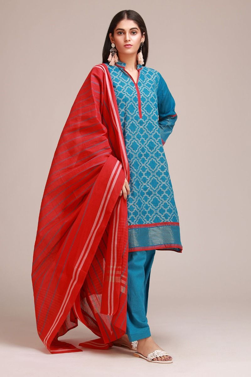 Blue Jacquard Winter Suit by Pakistani Designer Khaadi